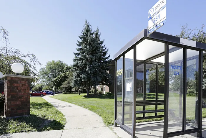 Scenic view of a glass bus stop shelter situated beside a lush green park with towering trees, offering easy transit access and a peaceful suburban atmosphere.