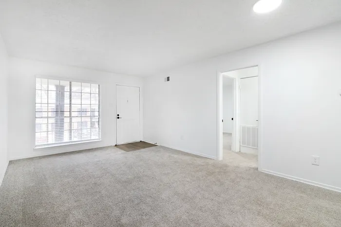 Bright and spacious living area with plush carpeting and large windows, perfect for a cozy home feel.