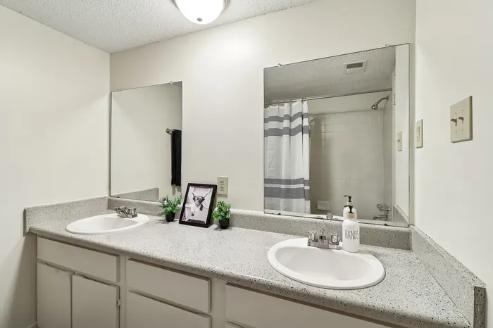 Bright and modern bathroom featuring double sinks, elegant countertops, and stylish decor accents.