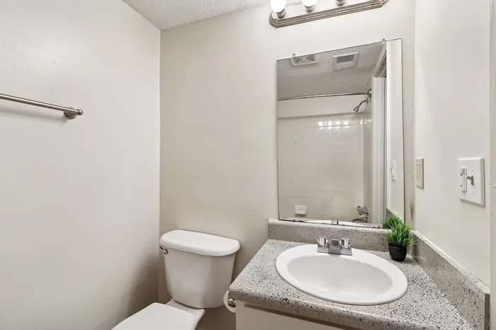 Modern bathroom with sleek counter, large mirror, and bright lighting, offering a fresh and inviting atmosphere.