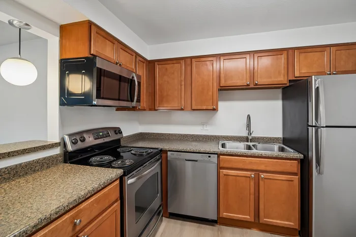 Modern kitchen with sleek stainless steel appliances, warm wooden cabinets, and elegant granite countertops.