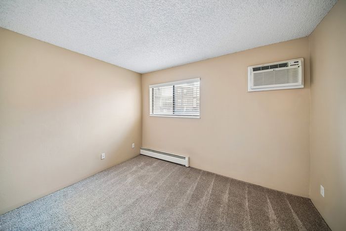 Bright, airy room with plush carpet and a large window, perfect for a cozy retreat.