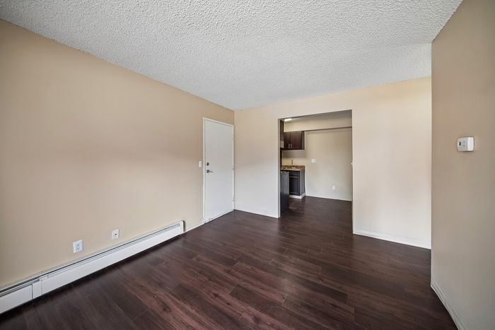 Sleek apartment interior featuring rich dark wood flooring leading to a cozy, modern kitchen with stylish cabinets.