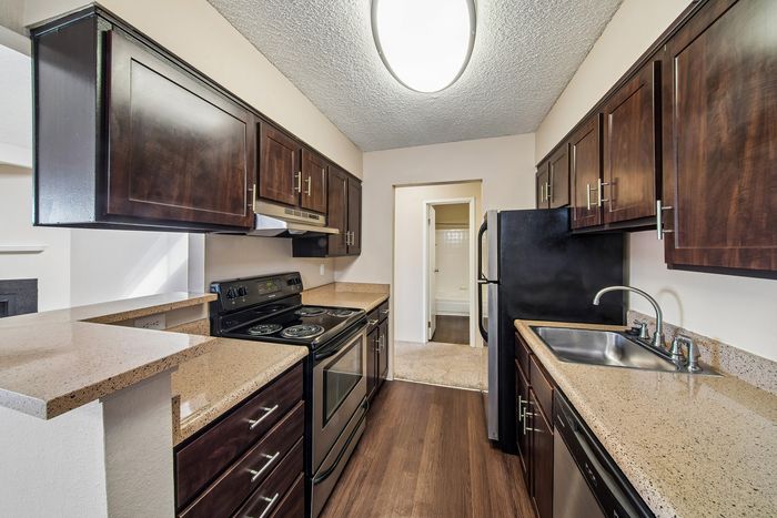 Modern kitchen with sleek dark wood cabinets, stainless steel appliances, and elegant granite countertops.