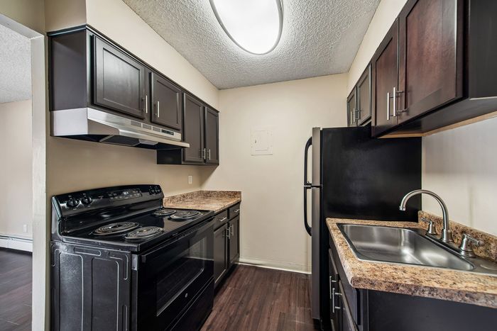 Chic kitchen with modern dark cabinetry, sleek black appliances, and elegant marble countertops.
