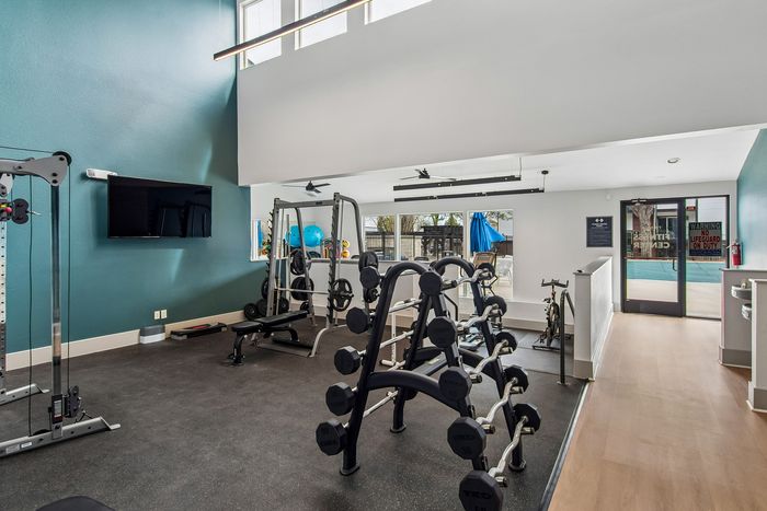 Modern fitness center with abundant natural light, featuring a variety of equipment including free weights, weight machines, and cardio machines.