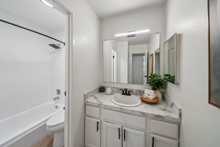 Elegant bathroom with marble countertop, modern fixtures, and a spacious bathtub, enhanced by stylish decor and ample lighting.