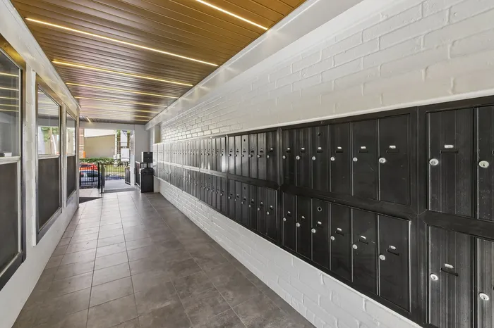 Modern apartment mailroom with sleek black mailboxes and stylish ceiling lighting.