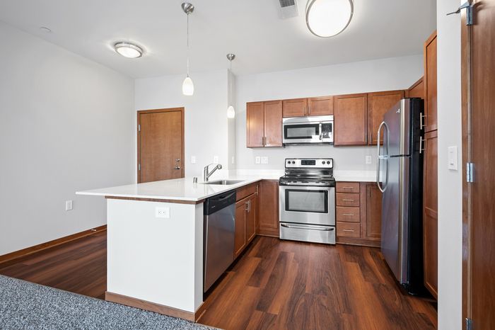 Modern kitchen with sleek stainless steel appliances, elegant wooden cabinetry, and polished countertops, offering a warm and inviting atmosphere.