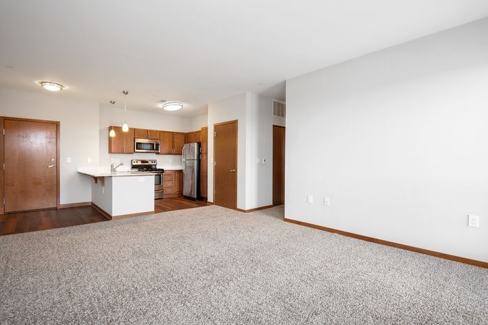 Modern open-concept apartment with sleek kitchen, stainless steel appliances, and cozy carpeted living area.