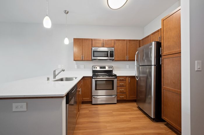 Modern kitchen with sleek stainless steel appliances, elegant wooden cabinetry, and a spacious island counter with pendant lighting.