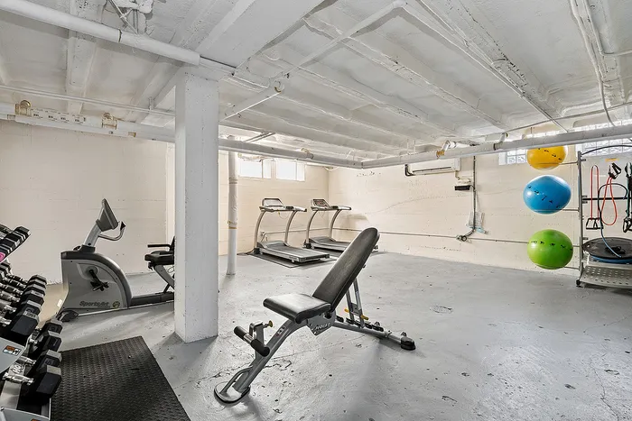 Bright and airy fitness area featuring modern treadmills, weights, exercise bike, and colorful stability balls for a dynamic workout experience.