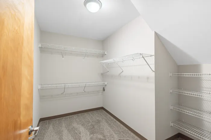 Spacious walk-in closet with ample shelving and modern lighting, perfect for organized storage.
