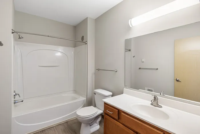 Bright and modern bathroom featuring a sleek bathtub, elegant vanity, and contemporary fixtures.