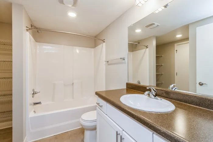 Modern bathroom featuring a sleek shower-tub combination, elegant countertop with sink, and ample shelving space.