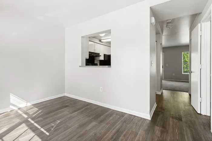 Bright, modern apartment with sleek hardwood flooring, open pass-through to a well-equipped kitchen, and abundant natural light.