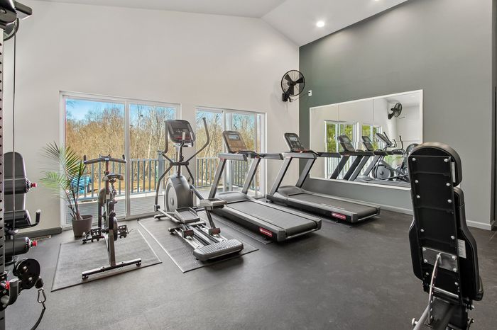 Bright and modern apartment gym with treadmills, exercise bike, and expansive windows offering scenic outdoor views.