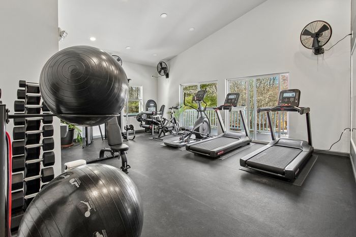 Modern fitness center with state-of-the-art equipment including treadmills, stationary bikes, and a full set of free weights, all bathed in natural light from large windows.
