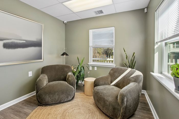 Chic, sunlit sitting area featuring plush armchairs, modern decor, and serene green walls.