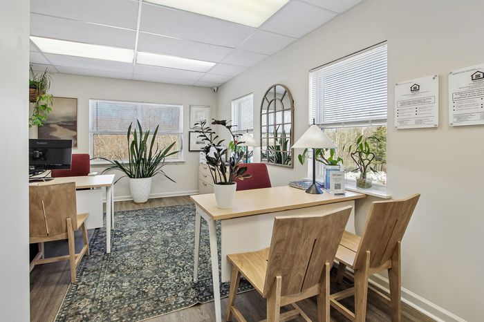 Bright office space featuring modern furniture, abundant natural light, and vibrant greenery for a refreshing atmosphere.
