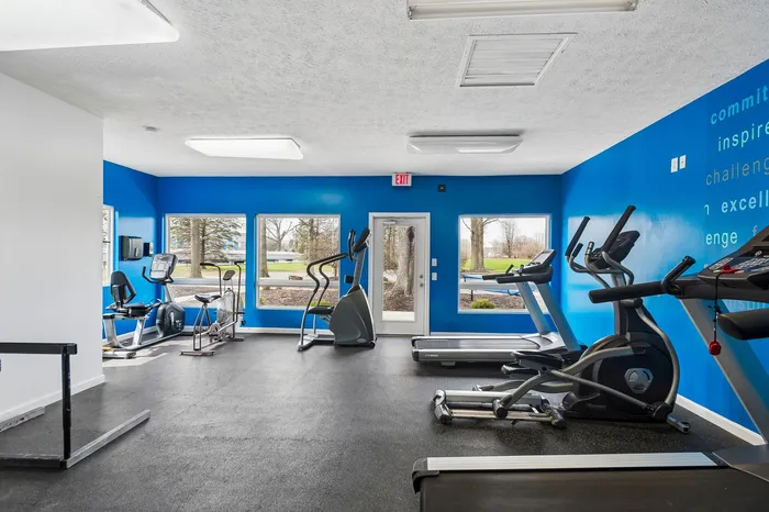 Bright and modern fitness center with top-notch exercise equipment and large windows overlooking lush greenery.