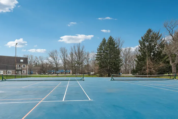 Gorgeous outdoor tennis court surrounded by lush greenery and modern apartments under a clear blue sky.