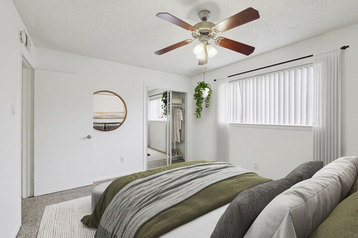 Bright and inviting bedroom with stylish decor, featuring a cozy bed with layered blankets and a charming ceiling fan.