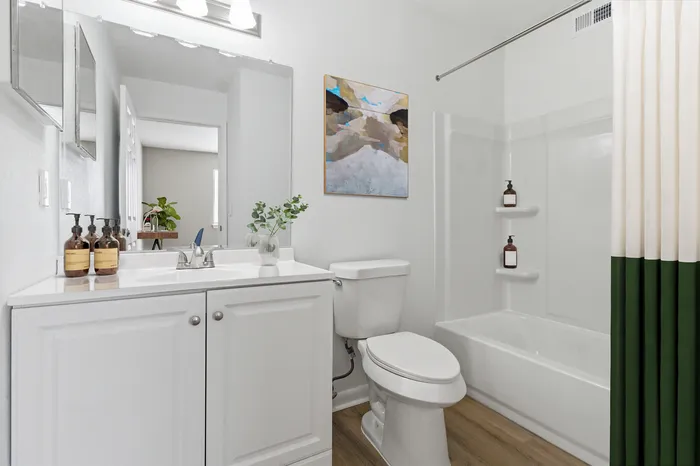 Elegant bathroom with modern fixtures, pristine white cabinetry, and a serene ambiance, featuring decorative plants and stylish toiletries.
