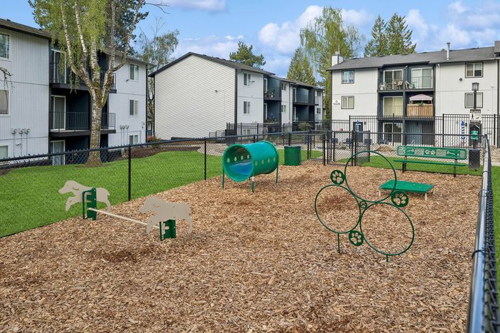 Charming apartment complex featuring a vibrant outdoor dog play area with agility equipment, surrounded by lush greenery and modern buildings.