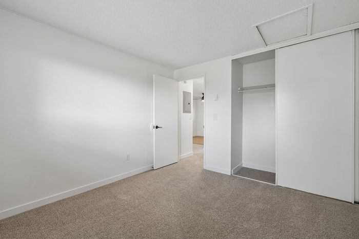 Bright and airy bedroom with plush carpet, sleek white walls, and a spacious closet, perfect for a cozy retreat.