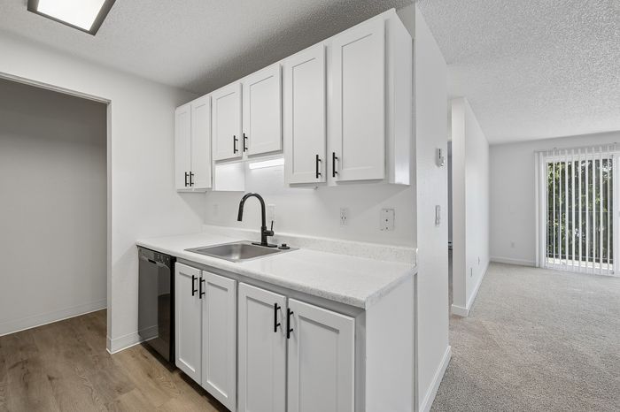 Modern apartment kitchen with sleek white cabinetry, stainless steel appliances, and chic open layout leading to a bright living area.