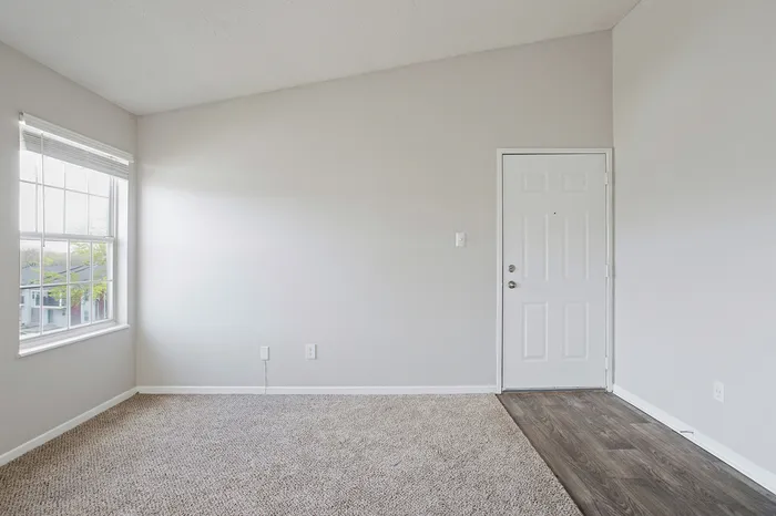 Bright and inviting living space with large window, fresh carpet, and elegant hardwood flooring accents.
