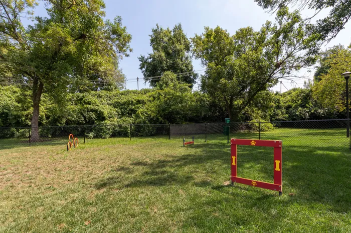 Inviting outdoor dog park with agility equipment and lush green space, perfect for pet-friendly living.