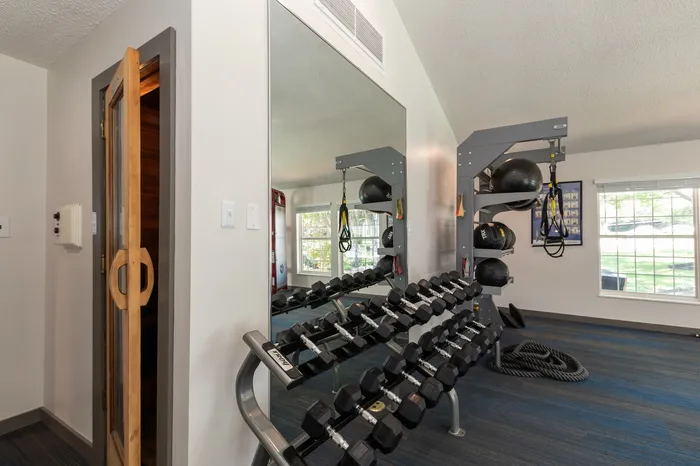 Modern fitness room with free weights, exercise equipment, and large windows for natural light.
