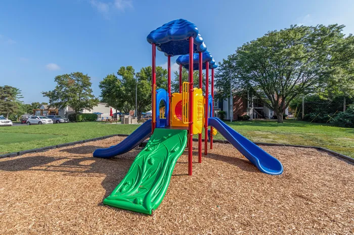 Inviting playground with vibrant blue, green, and yellow slides surrounded by lush greenery, perfect for family fun.
