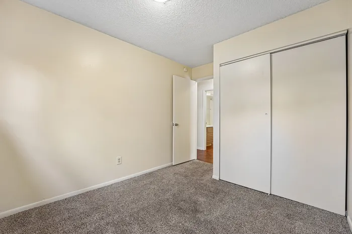 Bright and inviting bedroom featuring plush carpeting, ample closet space, and easy access to adjacent rooms for modern living.
