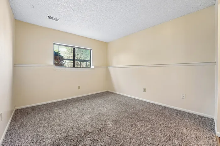 Bright and airy bedroom with a large window, showcasing soft carpet flooring and neutral walls with a modern look.