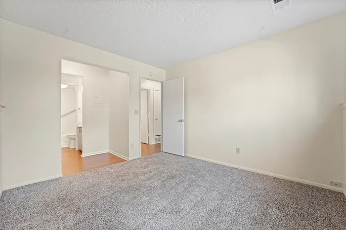 Bright and airy bedroom with plush carpeting and modern layout, offering a view into an adjacent bathroom.