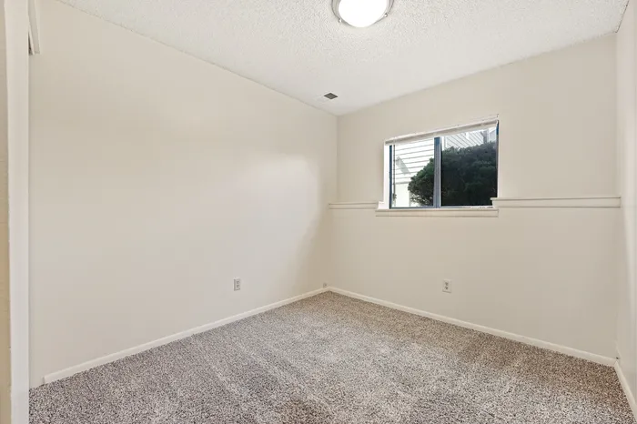Bright and cozy carpeted room with a large window, perfect for a relaxing bedroom space.