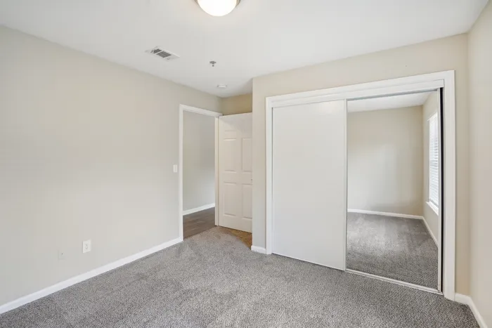 Bright and inviting bedroom with plush carpeting, large mirrored closet, and soft natural light through a window.
