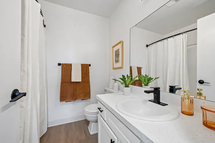 Elegant bathroom with sleek white countertop and modern black fixtures, highlighted by tasteful decor and fresh plants for a serene atmosphere.