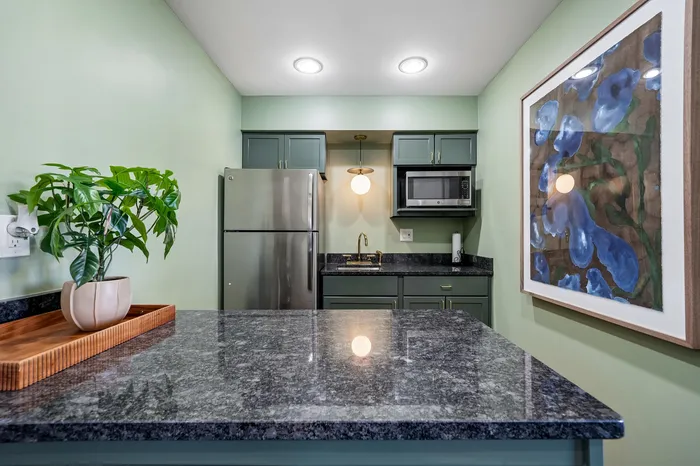 Contemporary kitchen with sleek granite countertops, stainless steel appliances, and artistic wall decor, enhanced by elegant green cabinetry and modern lighting.