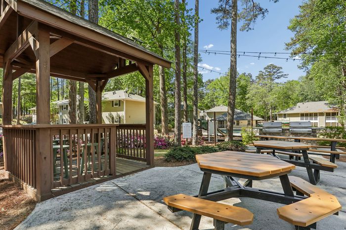 Charming outdoor picnic area with stylish wooden gazebo, set amidst lush greenery and vibrant landscaping.