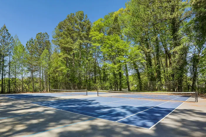 Beautiful outdoor tennis court surrounded by lush green trees, perfect for leisure and recreation.