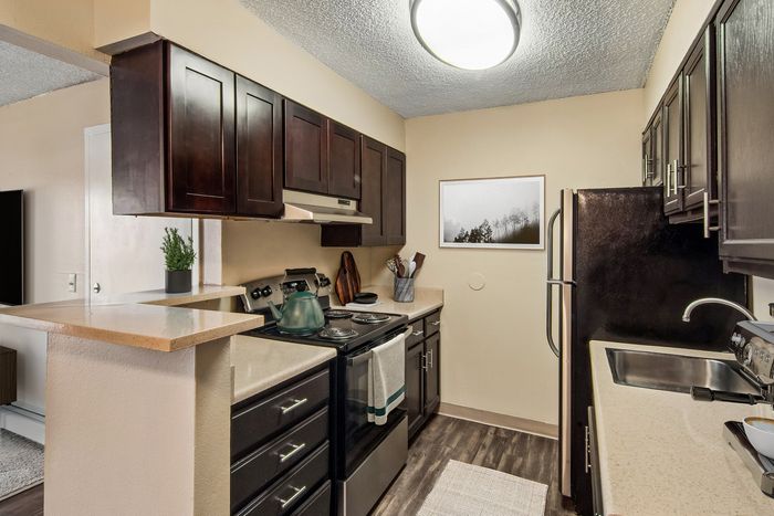 Chic apartment kitchen with elegant dark wood cabinets, modern appliances, and a cozy breakfast bar.