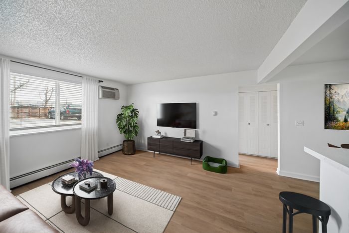 Bright and airy living room with modern decor, featuring a sleek wall-mounted TV, elegant houseplant, and stylish furniture.