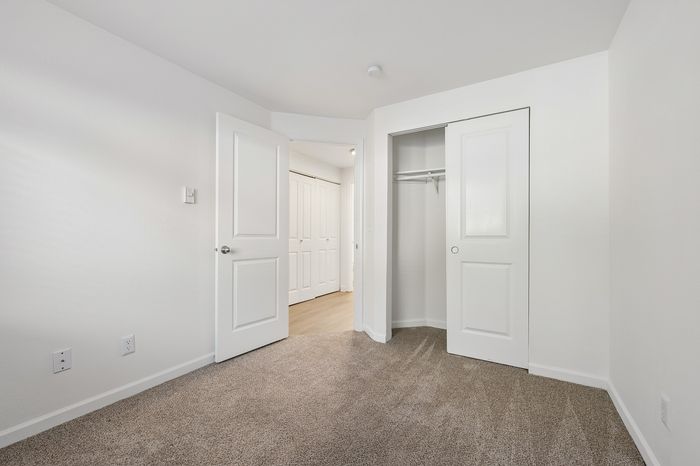 Bright and inviting bedroom featuring plush carpeting, spacious closet, and modern white doors for a clean and elegant look.