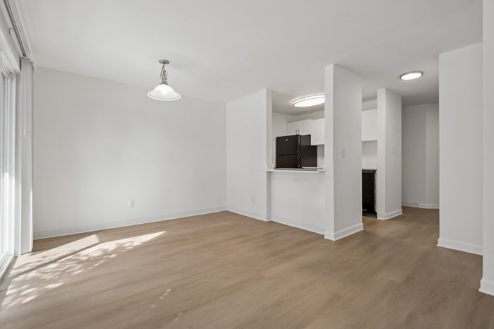 Bright open-plan living space with sleek hardwood floors and contemporary pendant lighting adjacent to a modern kitchen.
