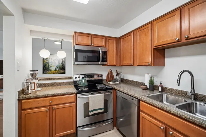 Modern kitchen with elegant wooden cabinets, stainless steel appliances, and a sleek granite countertop featuring stylish lighting.