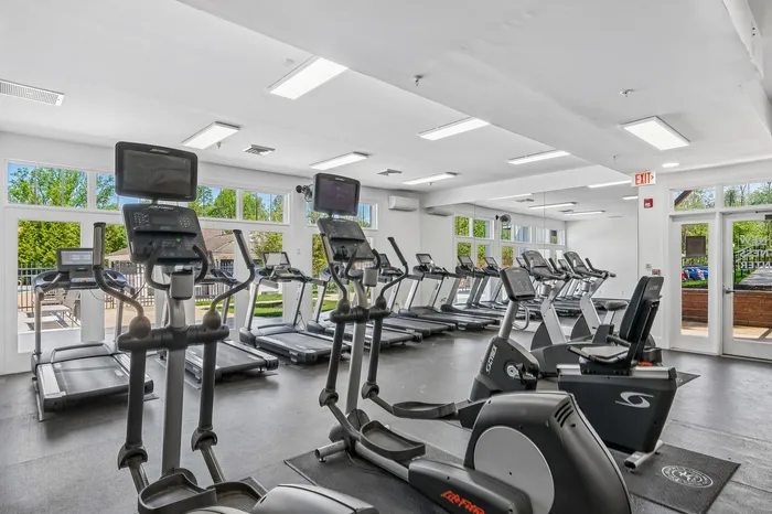 Modern fitness center with state-of-the-art equipment and bright, spacious interior overlooking outdoor views.